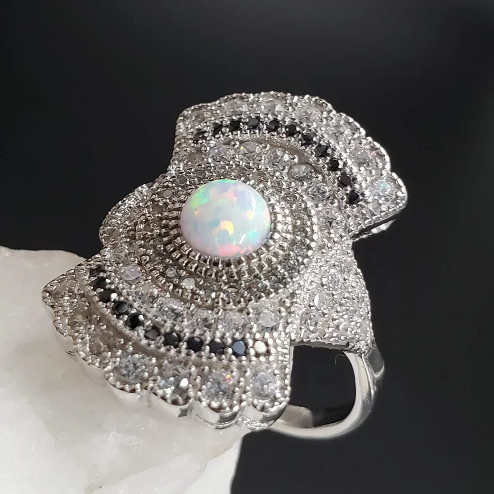Sterling 925 Silver Ring Natural Opal Jewelry Black White Topaz Crystal